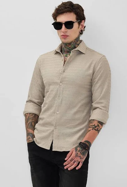 Light Beige Textured Slim Fit Shirt For Men Slim